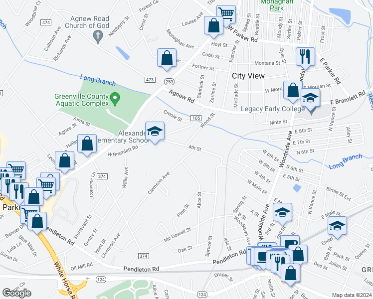map of restaurants, bars, coffee shops, grocery stores, and more near 305 Clemson Avenue in Greenville