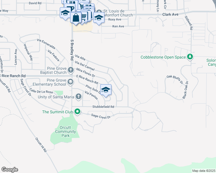map of restaurants, bars, coffee shops, grocery stores, and more near 1288 Mira Flores Drive in Santa Maria
