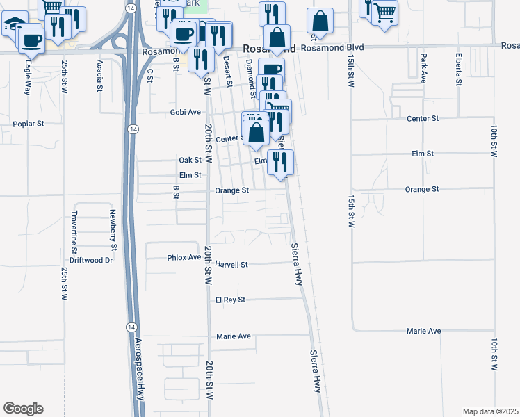 map of restaurants, bars, coffee shops, grocery stores, and more near 2493 Diamond Street in Rosamond