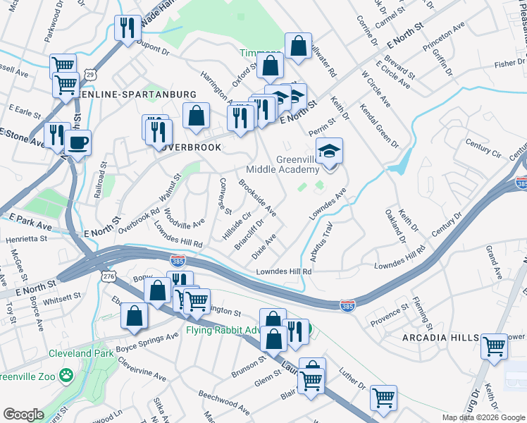 map of restaurants, bars, coffee shops, grocery stores, and more near 108 Brookside Avenue in Greenville