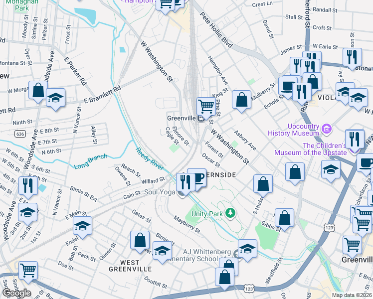map of restaurants, bars, coffee shops, grocery stores, and more near 1303 West Washington Street in Greenville