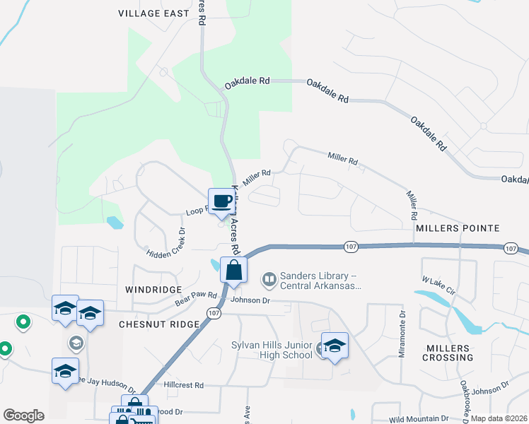 map of restaurants, bars, coffee shops, grocery stores, and more near 10226 Miller Road in North Little Rock