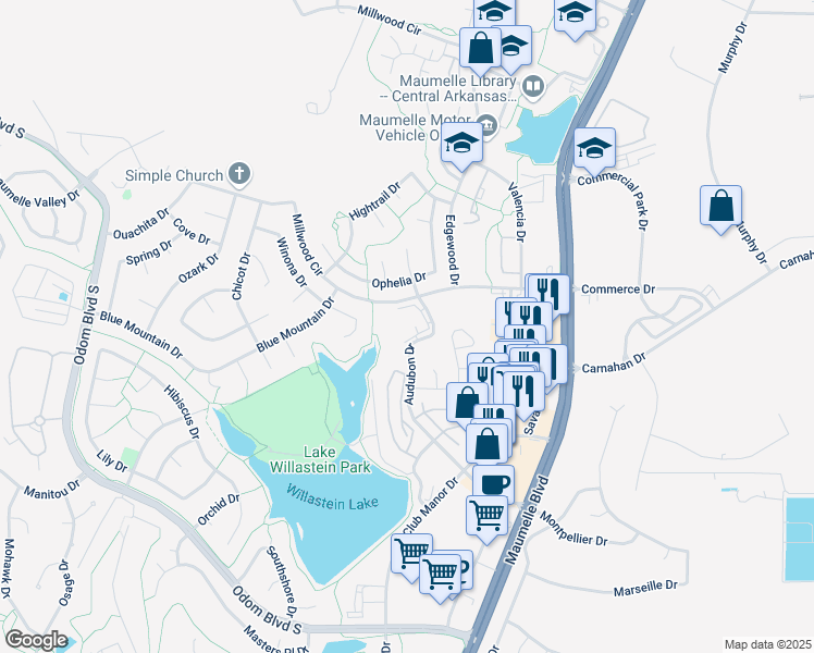 map of restaurants, bars, coffee shops, grocery stores, and more near 190 Audubon Drive in Maumelle