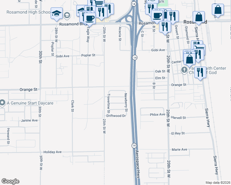 map of restaurants, bars, coffee shops, grocery stores, and more near 2410 Alpaca Avenue in Rosamond