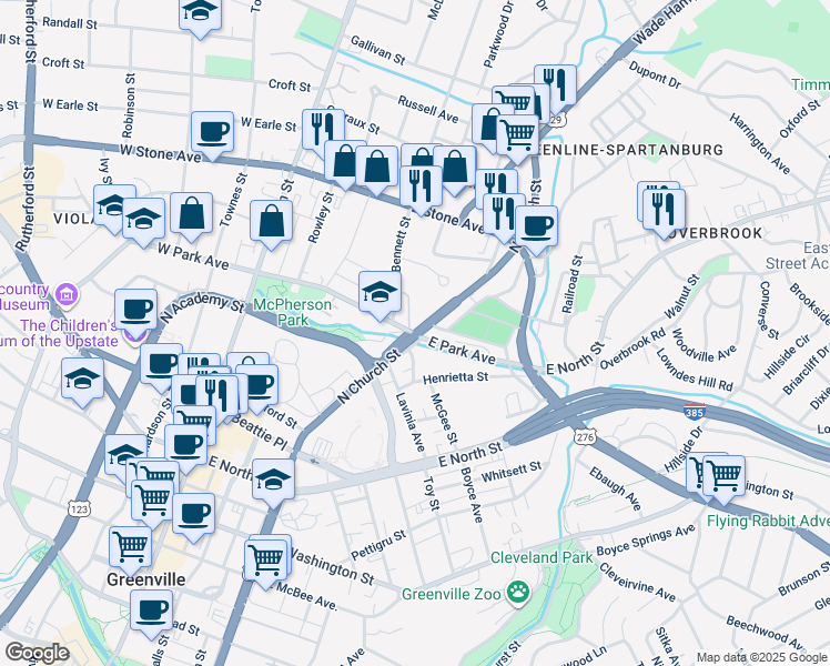 map of restaurants, bars, coffee shops, grocery stores, and more near 823 North Church Street in Greenville