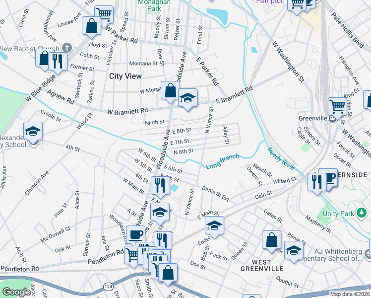 map of restaurants, bars, coffee shops, grocery stores, and more near 23 North 6th Street in Greenville
