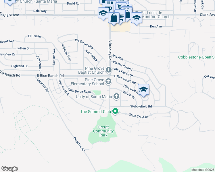 map of restaurants, bars, coffee shops, grocery stores, and more near 1050 East Rice Ranch Road in Santa Maria