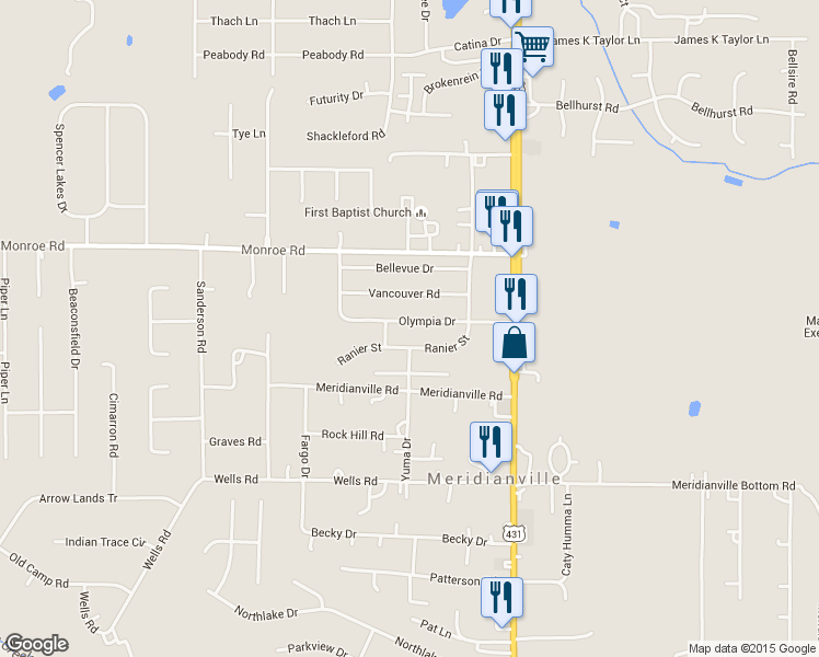 map of restaurants, bars, coffee shops, grocery stores, and more near 130 Olympia Drive in Meridianville