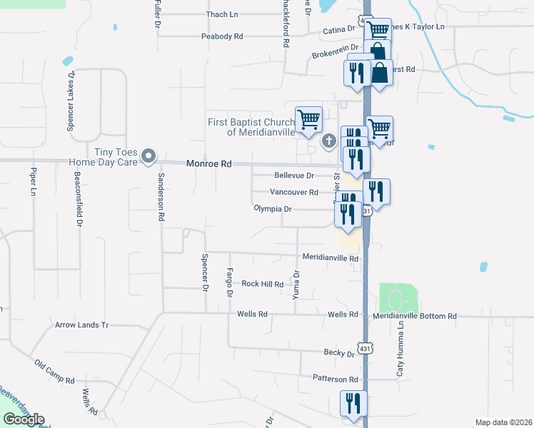 map of restaurants, bars, coffee shops, grocery stores, and more near 147 Olympia Drive in Meridianville