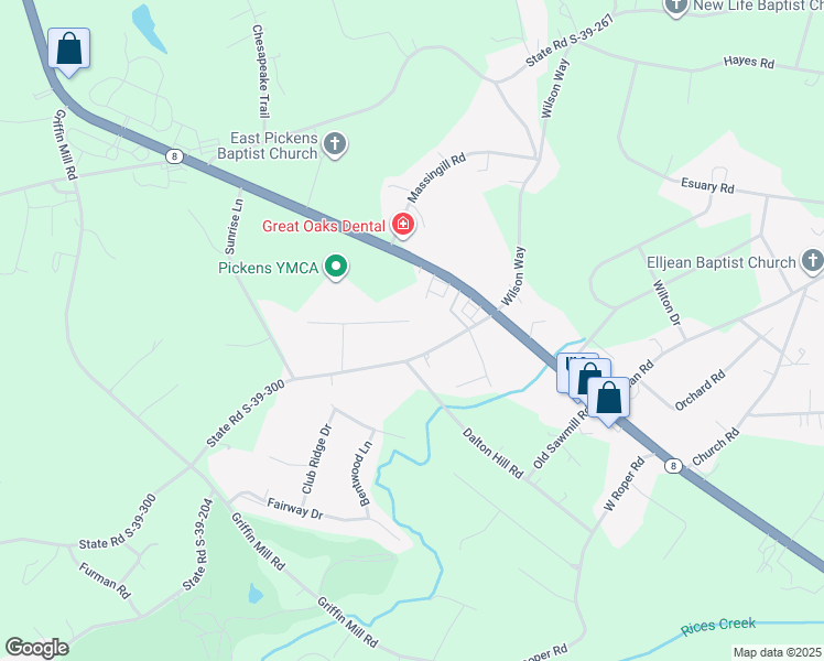 map of restaurants, bars, coffee shops, grocery stores, and more near 229 Earle Drive in Pickens