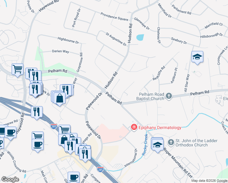 map of restaurants, bars, coffee shops, grocery stores, and more near 809 Pelham Road in Greenville