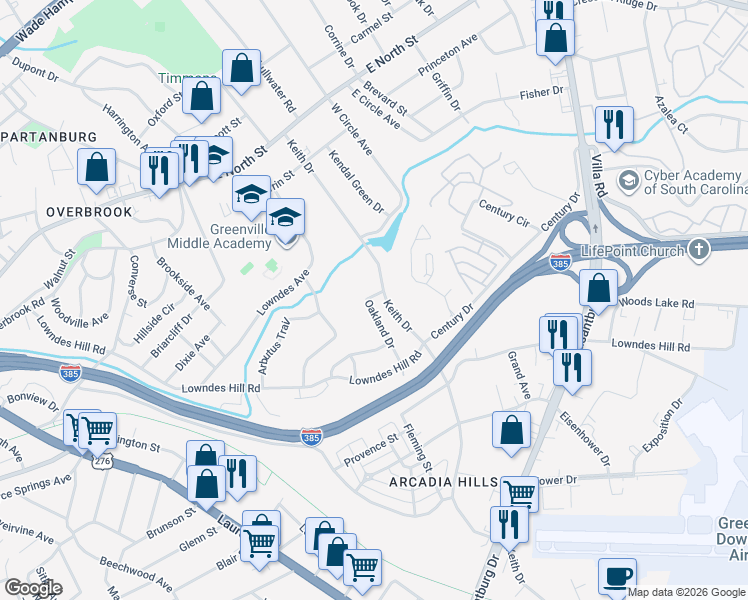 map of restaurants, bars, coffee shops, grocery stores, and more near 186 Keith Drive in Greenville