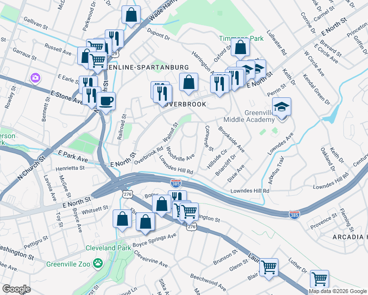 map of restaurants, bars, coffee shops, grocery stores, and more near 212 Overbrook Road in Greenville