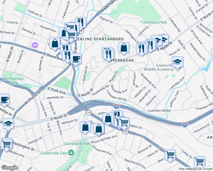 map of restaurants, bars, coffee shops, grocery stores, and more near 39 Walnut Street in Greenville