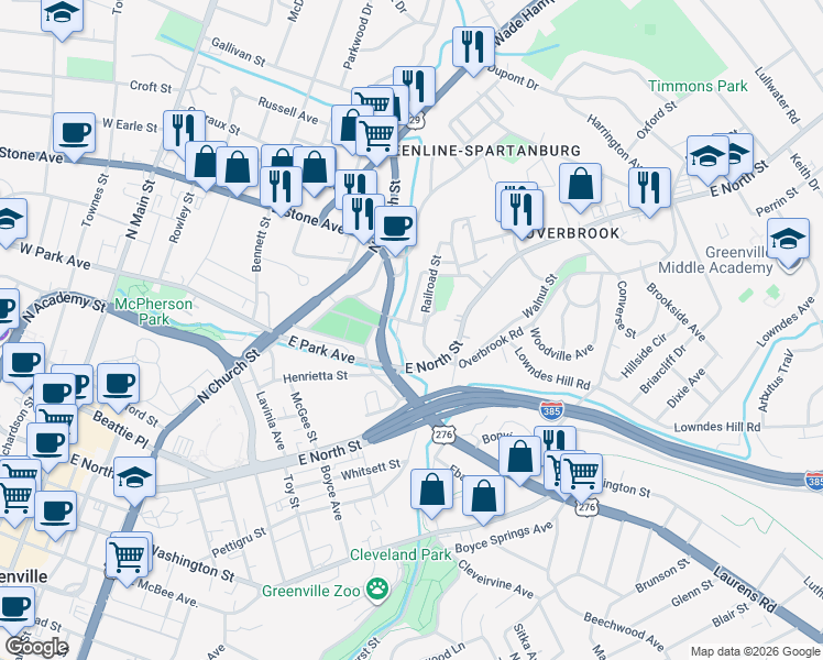 map of restaurants, bars, coffee shops, grocery stores, and more near 3 Center Street in Greenville