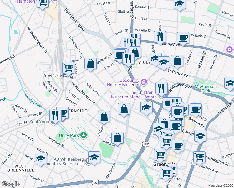 map of restaurants, bars, coffee shops, grocery stores, and more near 412 Hampton Avenue in Greenville