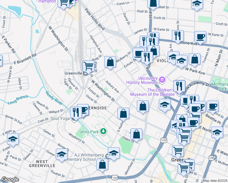 map of restaurants, bars, coffee shops, grocery stores, and more near 223 Asbury Avenue in Greenville