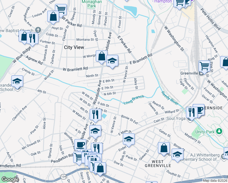 map of restaurants, bars, coffee shops, grocery stores, and more near 31 East 7th Street in Greenville