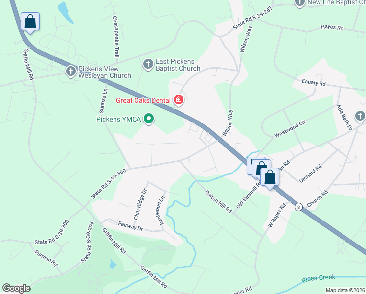 map of restaurants, bars, coffee shops, grocery stores, and more near 229 Earle Drive in Pickens