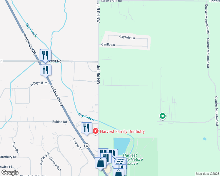 map of restaurants, bars, coffee shops, grocery stores, and more near 120 Cloverbrook Drive in Harvest