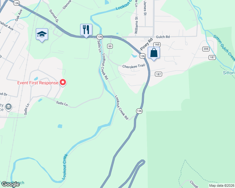 map of restaurants, bars, coffee shops, grocery stores, and more near 515 Lookout Creek Road in Trenton