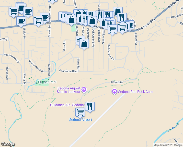 map of restaurants, bars, coffee shops, grocery stores, and more near 440 Oak Creek Boulevard in Sedona