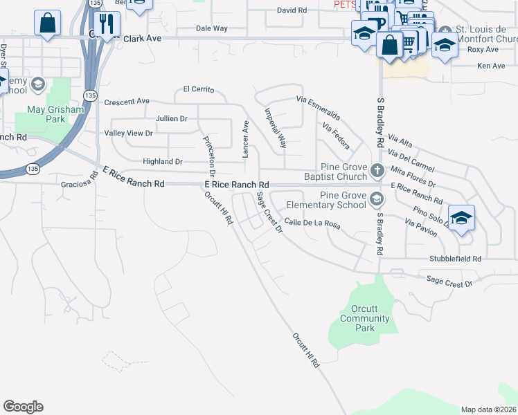 map of restaurants, bars, coffee shops, grocery stores, and more near 5681 Calle De La Rosa in Orcutt