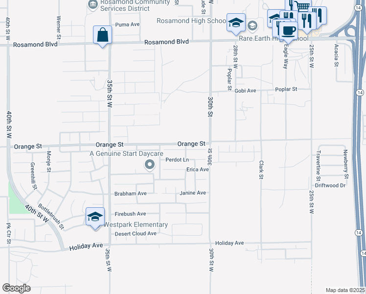 map of restaurants, bars, coffee shops, grocery stores, and more near 3111 Desert Moon Avenue in Rosamond