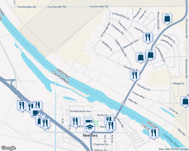 map of restaurants, bars, coffee shops, grocery stores, and more near 1169 Dike Road in Mohave Valley