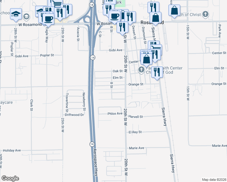 map of restaurants, bars, coffee shops, grocery stores, and more near 2068 Orange Street in Rosamond