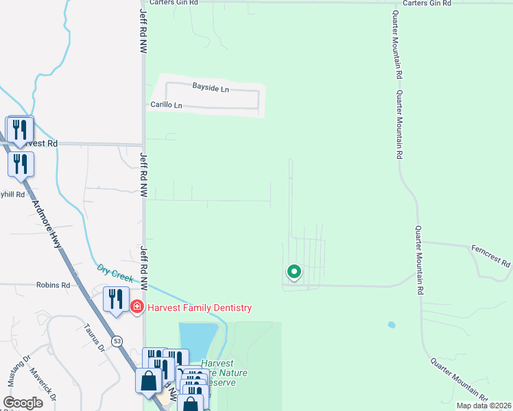 map of restaurants, bars, coffee shops, grocery stores, and more near 207 Cloverbrook Drive in Harvest