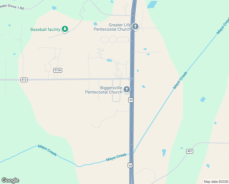 map of restaurants, bars, coffee shops, grocery stores, and more near County Road 521 in Corinth