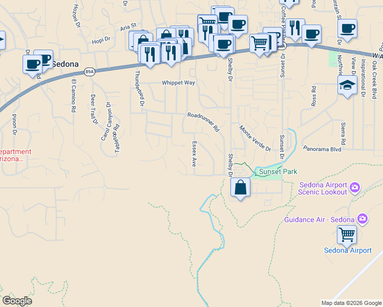 map of restaurants, bars, coffee shops, grocery stores, and more near 25 Donaldson Drive in Sedona