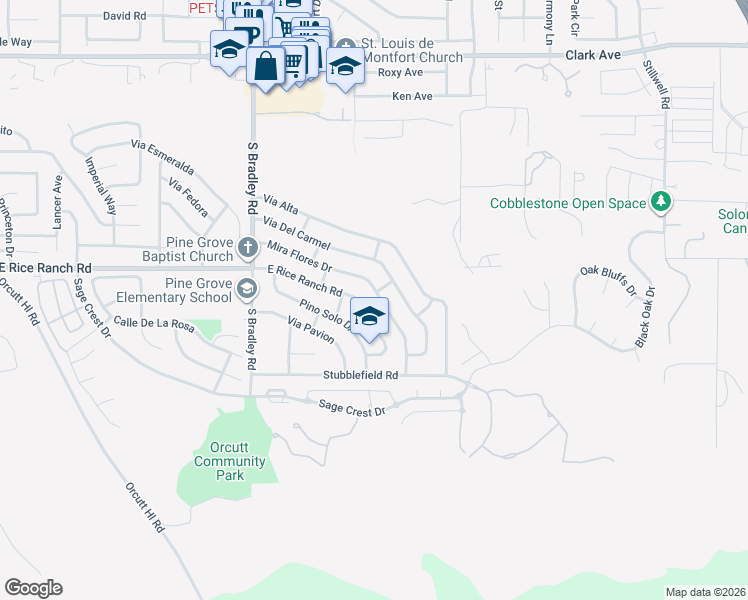 map of restaurants, bars, coffee shops, grocery stores, and more near 1250 Mira Flores Drive in Santa Maria