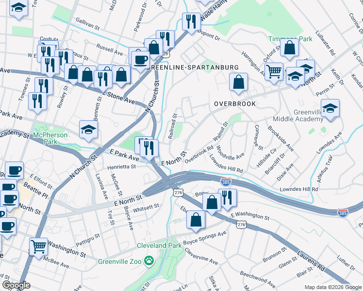 map of restaurants, bars, coffee shops, grocery stores, and more near 22 Becker Street in Greenville