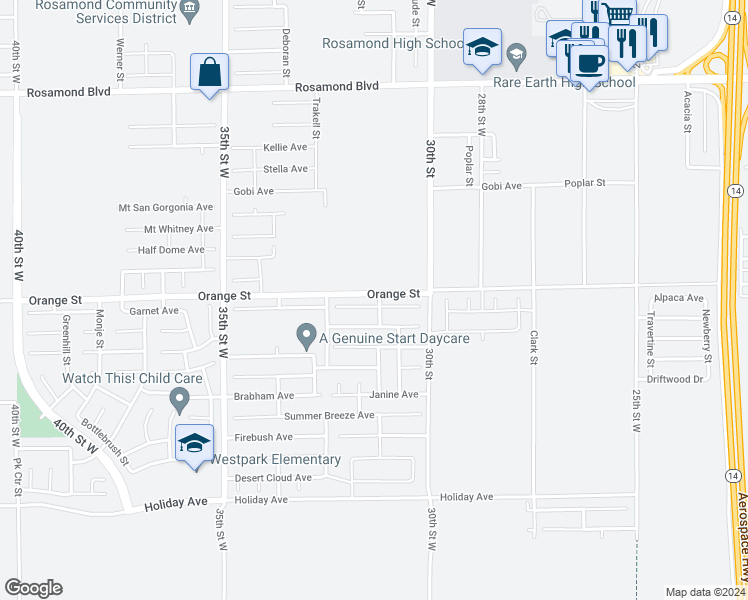 map of restaurants, bars, coffee shops, grocery stores, and more near 3111 Desert Moon Avenue in Rosamond