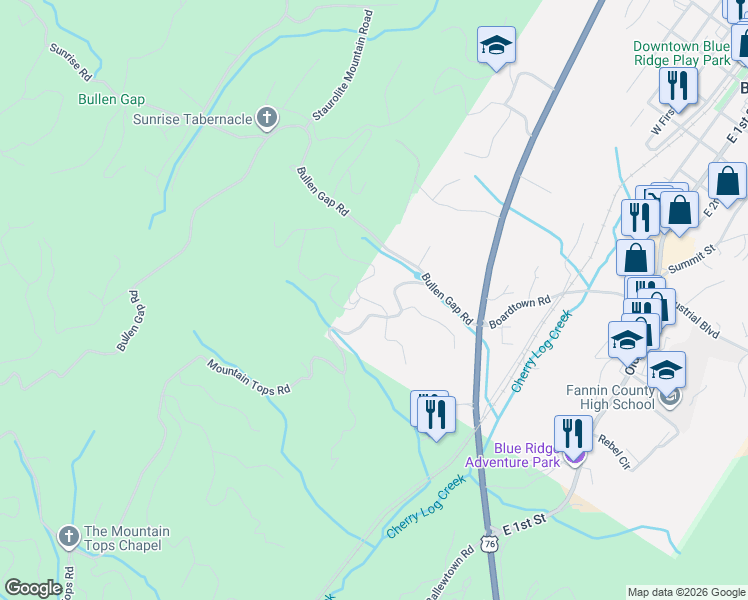 map of restaurants, bars, coffee shops, grocery stores, and more near 150 Mountain Tops Circle in Blue Ridge