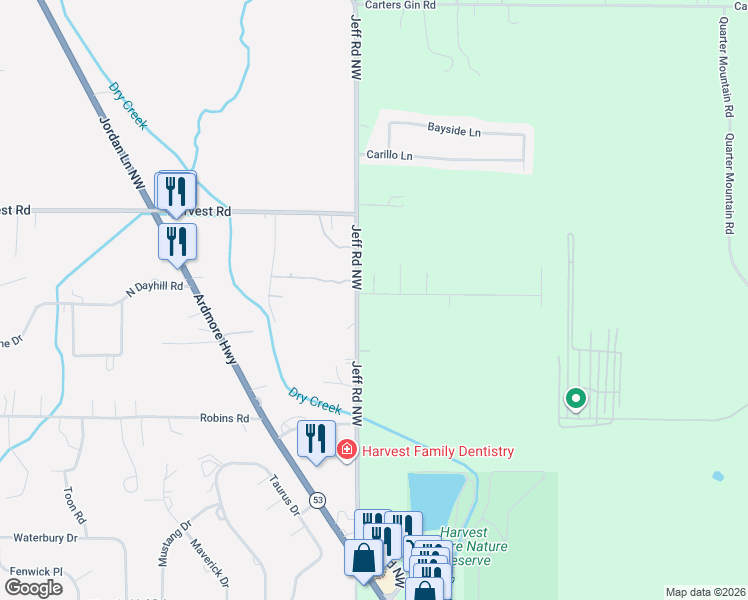 map of restaurants, bars, coffee shops, grocery stores, and more near 100 Foxford Lane in Harvest