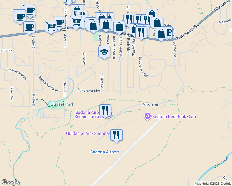map of restaurants, bars, coffee shops, grocery stores, and more near 435 Inspirational Drive in Sedona
