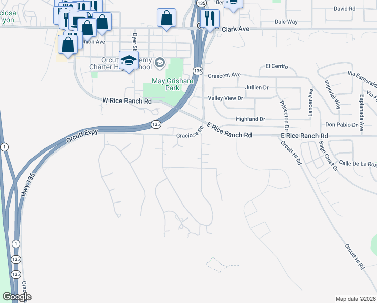 map of restaurants, bars, coffee shops, grocery stores, and more near 5642 Oakhill Court in Santa Maria