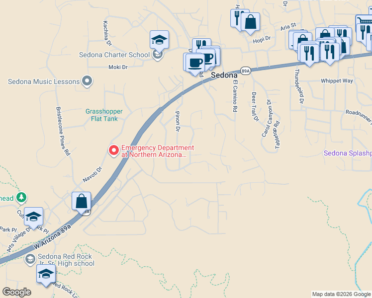 map of restaurants, bars, coffee shops, grocery stores, and more near 235 El Camino Grande in Sedona