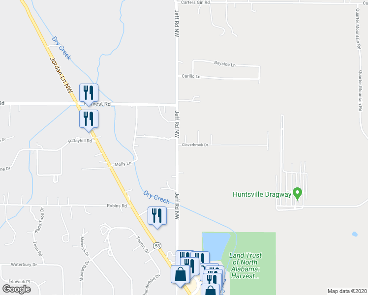 map of restaurants, bars, coffee shops, grocery stores, and more near 104 Cloverbrook Drive in Harvest