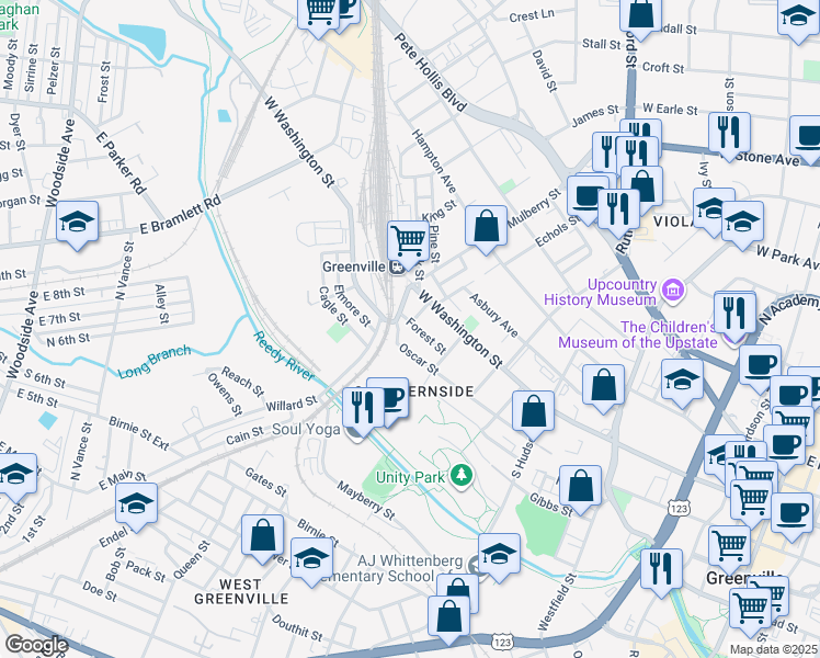 map of restaurants, bars, coffee shops, grocery stores, and more near 119 Forest Street in Greenville
