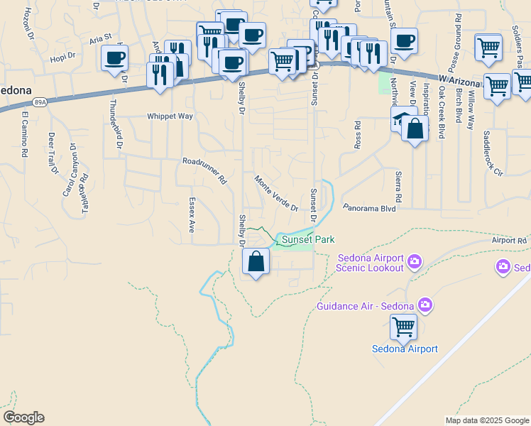map of restaurants, bars, coffee shops, grocery stores, and more near 55 Monte Vista Lane in Sedona