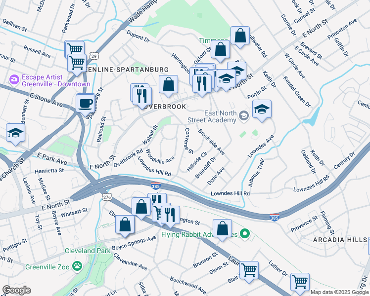 map of restaurants, bars, coffee shops, grocery stores, and more near 2 Hillside Drive in Greenville