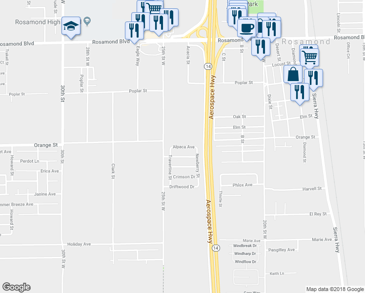 map of restaurants, bars, coffee shops, grocery stores, and more near 2410 Alpaca Avenue in Rosamond