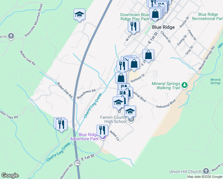 map of restaurants, bars, coffee shops, grocery stores, and more near 326 Boardtown Road in Blue Ridge