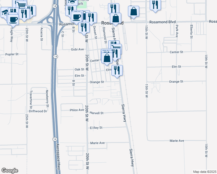 map of restaurants, bars, coffee shops, grocery stores, and more near 2493 Diamond Street in Rosamond