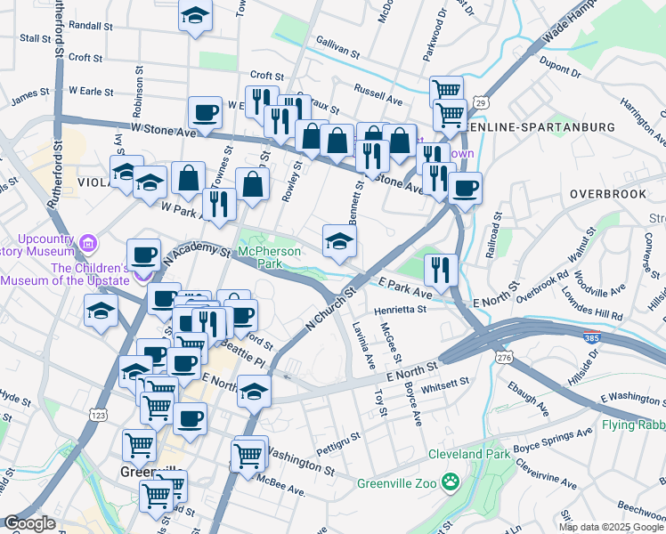 map of restaurants, bars, coffee shops, grocery stores, and more near 216 East Park Avenue in Greenville