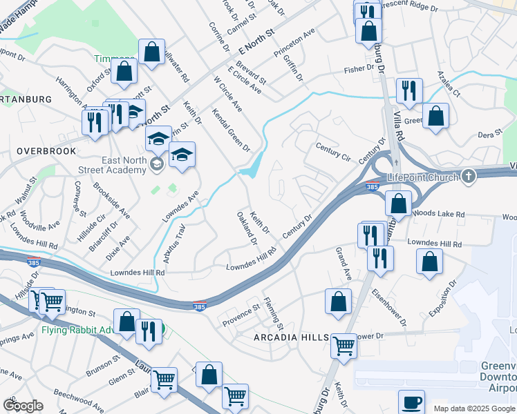 map of restaurants, bars, coffee shops, grocery stores, and more near 203 Keith Drive in Greenville
